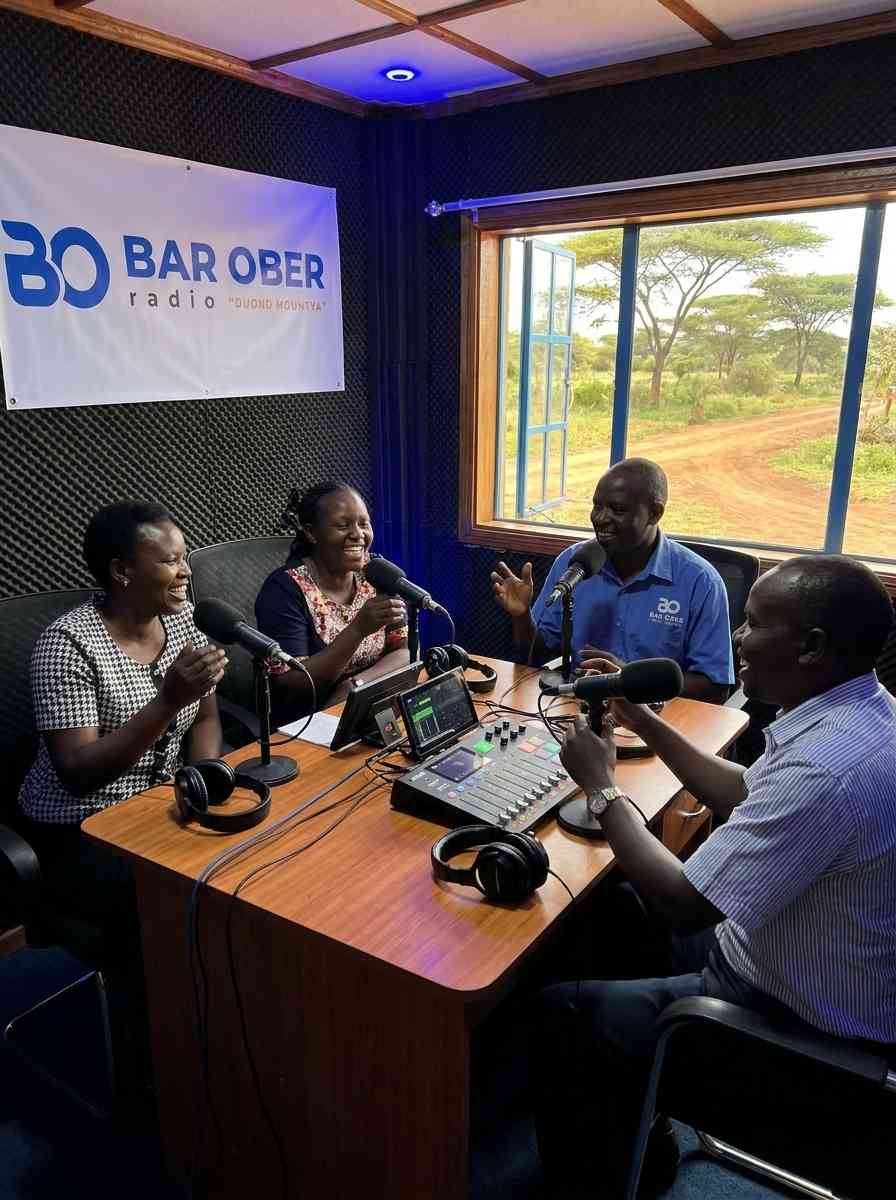 Studio interview with guests sharing a light moment